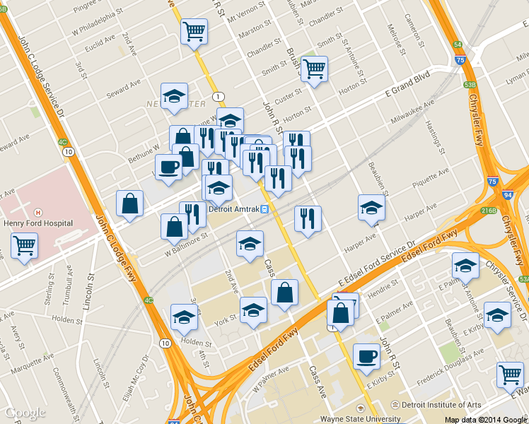 map of restaurants, bars, coffee shops, grocery stores, and more near 6367 Woodward Ave in Detroit
