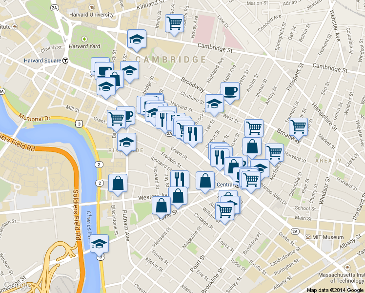 map of restaurants, bars, coffee shops, grocery stores, and more near 512 Green Street in Cambridge