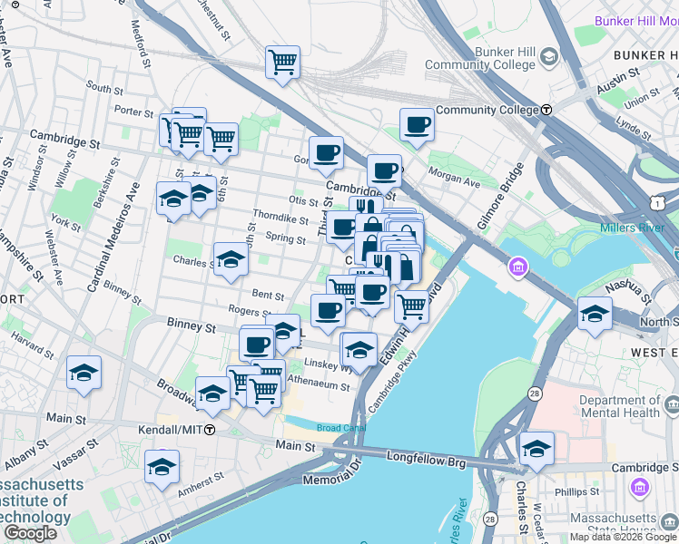 map of restaurants, bars, coffee shops, grocery stores, and more near in Cambridge