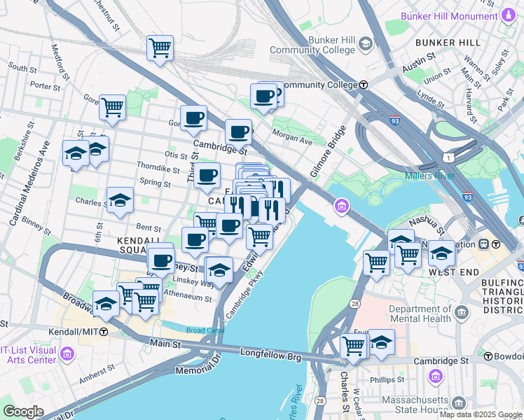 map of restaurants, bars, coffee shops, grocery stores, and more near 100 Cambridge Street in Cambridge