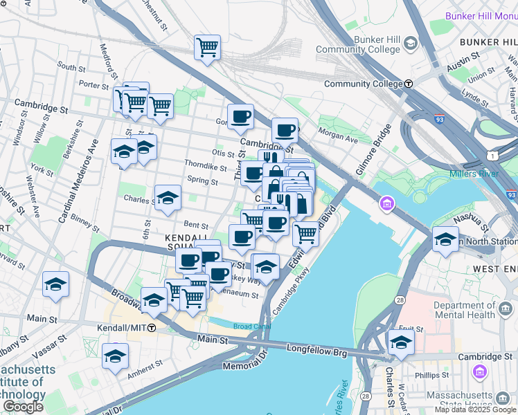 map of restaurants, bars, coffee shops, grocery stores, and more near 110 Second Street in Cambridge