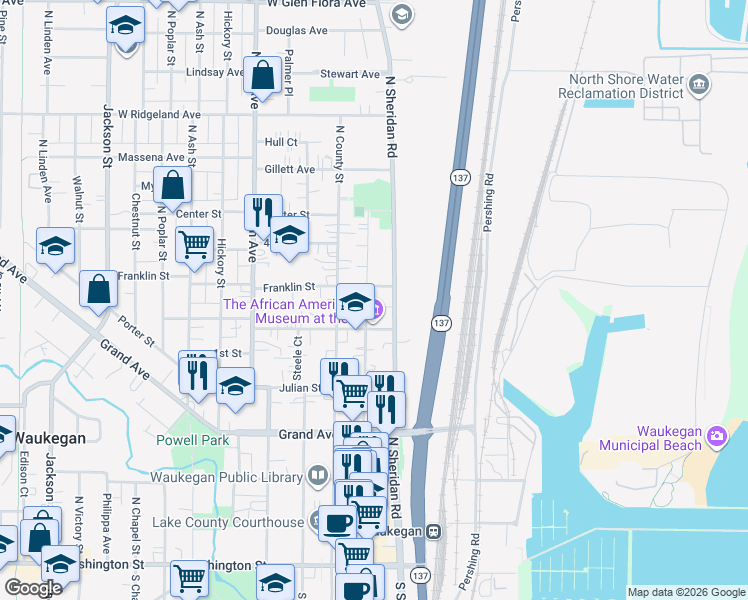 map of restaurants, bars, coffee shops, grocery stores, and more near 525 South Genesee Street in Waukegan