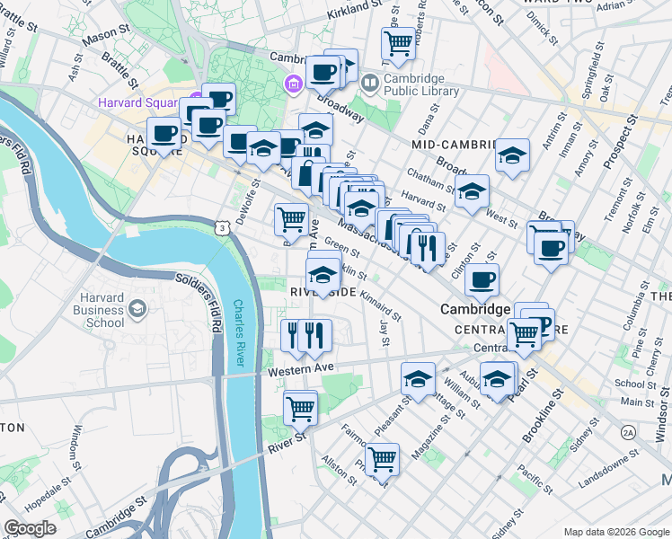 map of restaurants, bars, coffee shops, grocery stores, and more near 98 Kinnaird Street in Cambridge