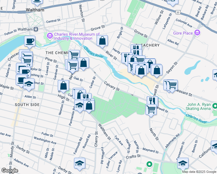 map of restaurants, bars, coffee shops, grocery stores, and more near 15 Flood Street in Waltham