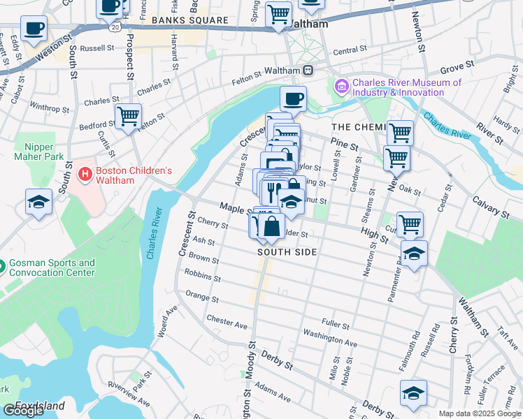map of restaurants, bars, coffee shops, grocery stores, and more near 82 Maple Street in Waltham