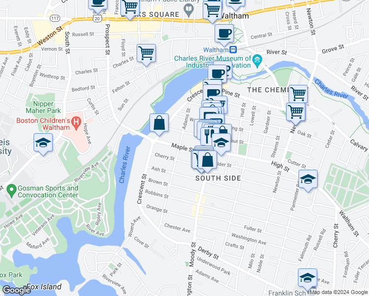 map of restaurants, bars, coffee shops, grocery stores, and more near Maple Street in Waltham
