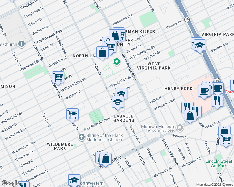 map of restaurants, bars, coffee shops, grocery stores, and more near 2052 Delaware Street in Detroit