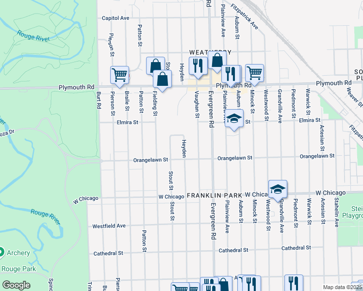 map of restaurants, bars, coffee shops, grocery stores, and more near 9922 Stout Street in Detroit