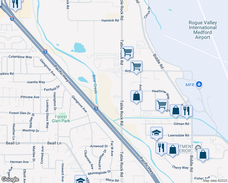map of restaurants, bars, coffee shops, grocery stores, and more near 3479 Table Rock Road in Medford