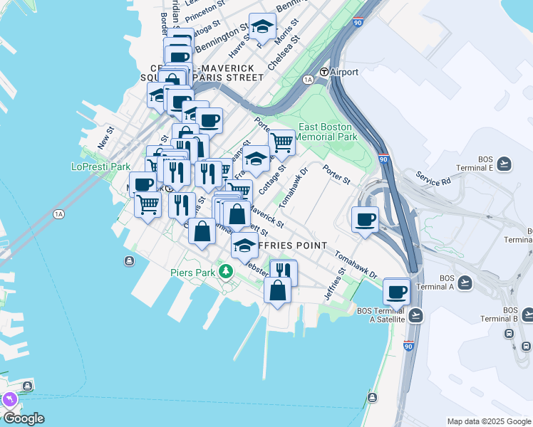 map of restaurants, bars, coffee shops, grocery stores, and more near 98 Everett Street in Boston