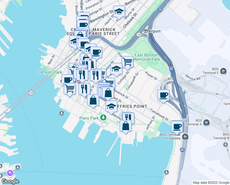 map of restaurants, bars, coffee shops, grocery stores, and more near 98 Everett Street in Boston