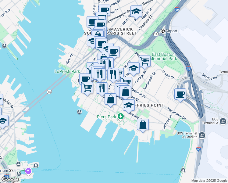 map of restaurants, bars, coffee shops, grocery stores, and more near 16 Cottage Street in Boston