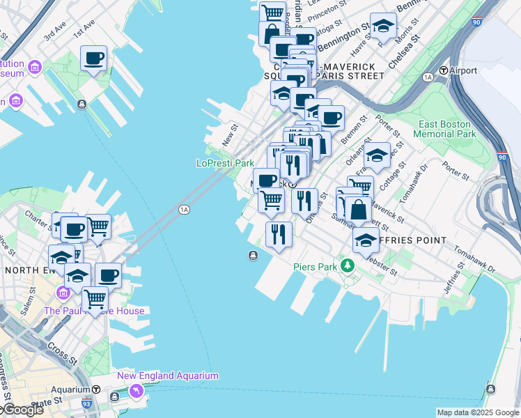 map of restaurants, bars, coffee shops, grocery stores, and more near 11 Lewis Street in Boston