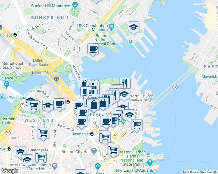 map of restaurants, bars, coffee shops, grocery stores, and more near 50 Snow Hill Street in Boston