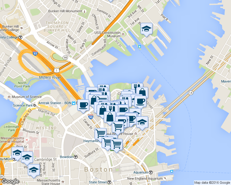 map of restaurants, bars, coffee shops, grocery stores, and more near 50 Snow Hill Street in Boston