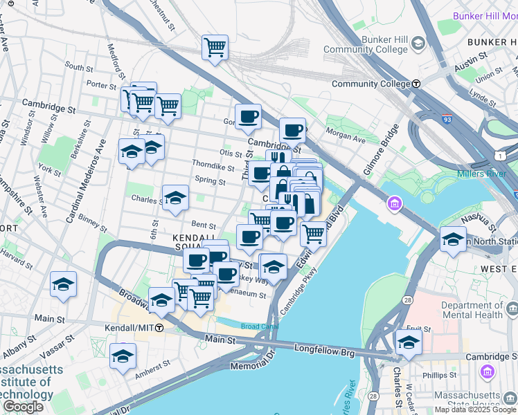map of restaurants, bars, coffee shops, grocery stores, and more near in Cambridge