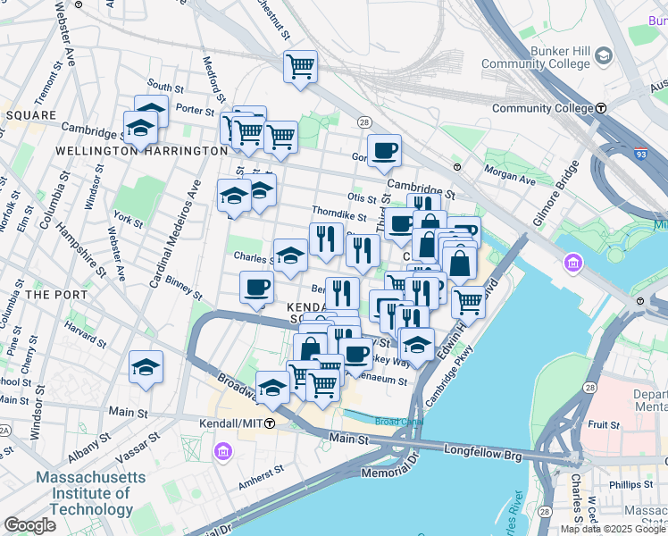 map of restaurants, bars, coffee shops, grocery stores, and more near 126-132 Charles Street in Cambridge