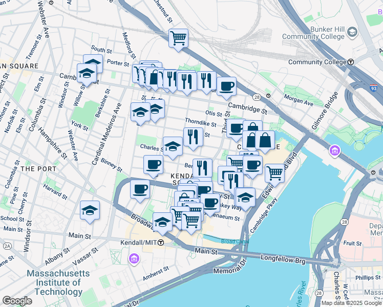 map of restaurants, bars, coffee shops, grocery stores, and more near 190 5th Street in Cambridge