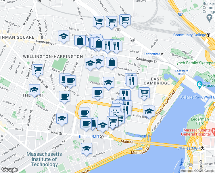 map of restaurants, bars, coffee shops, grocery stores, and more near 254 Bent Street in Cambridge