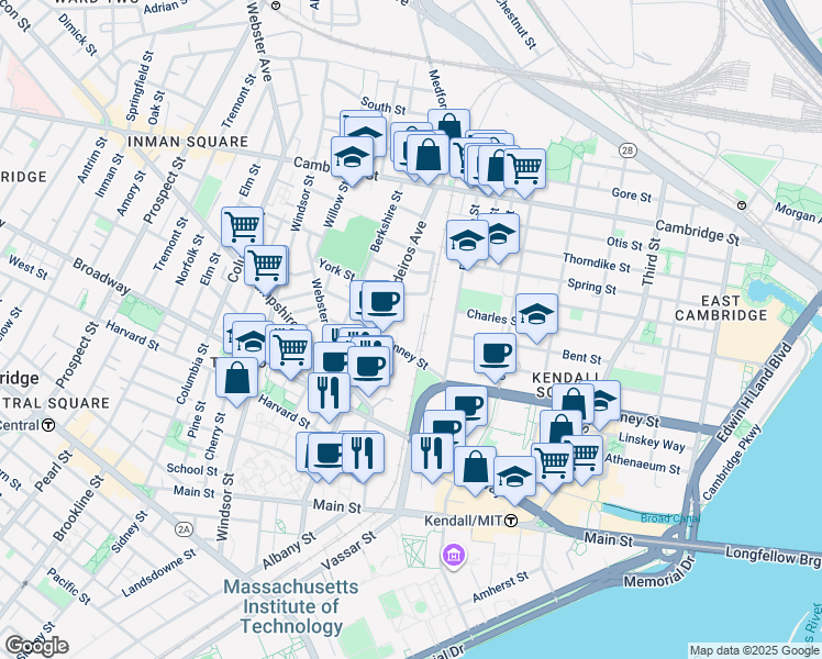 map of restaurants, bars, coffee shops, grocery stores, and more near 389 Binney Street in Cambridge