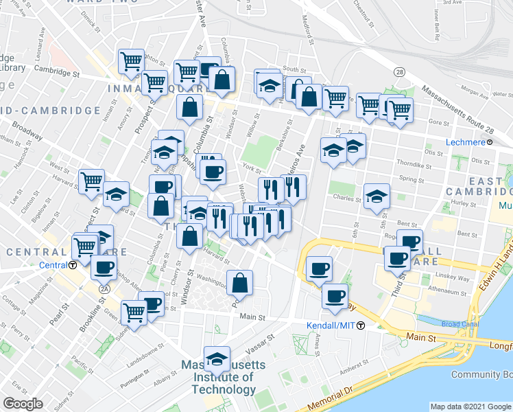 map of restaurants, bars, coffee shops, grocery stores, and more near 33 Webster Avenue in Cambridge