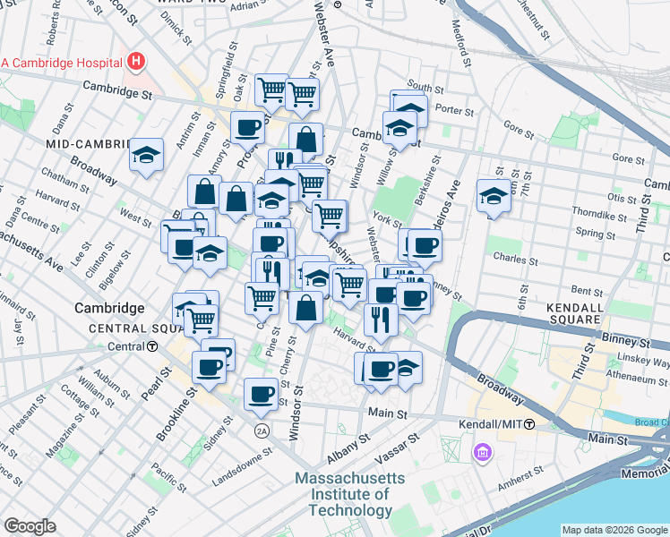 map of restaurants, bars, coffee shops, grocery stores, and more near in Cambridge