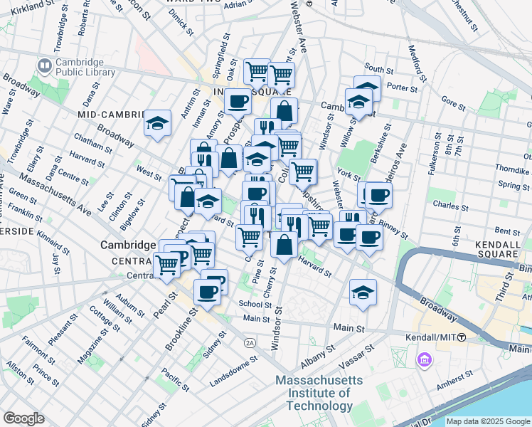 map of restaurants, bars, coffee shops, grocery stores, and more near 268 Broadway in Cambridge