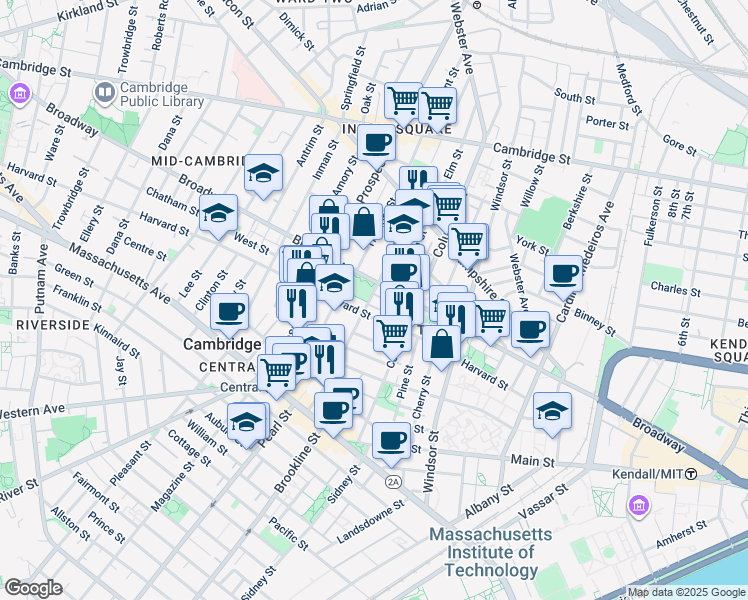 map of restaurants, bars, coffee shops, grocery stores, and more near 14 Elm Street in Cambridge