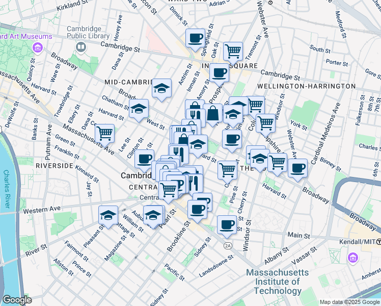 map of restaurants, bars, coffee shops, grocery stores, and more near 55 Essex Street in Cambridge