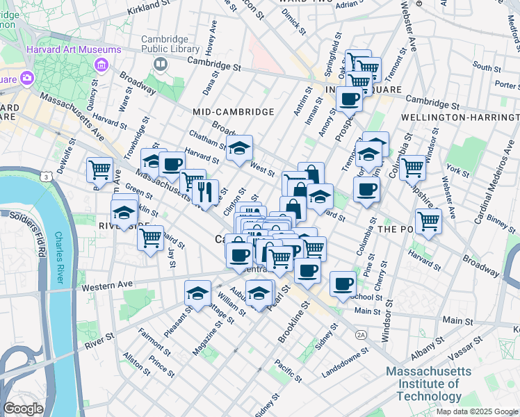 map of restaurants, bars, coffee shops, grocery stores, and more near 151 Bishop Allen Drive in Cambridge