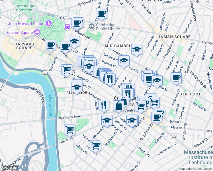 map of restaurants, bars, coffee shops, grocery stores, and more near 512 Green Street in Cambridge