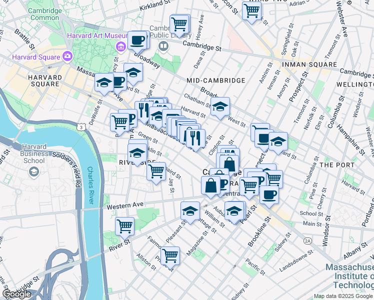 map of restaurants, bars, coffee shops, grocery stores, and more near 512 Green Street in Cambridge