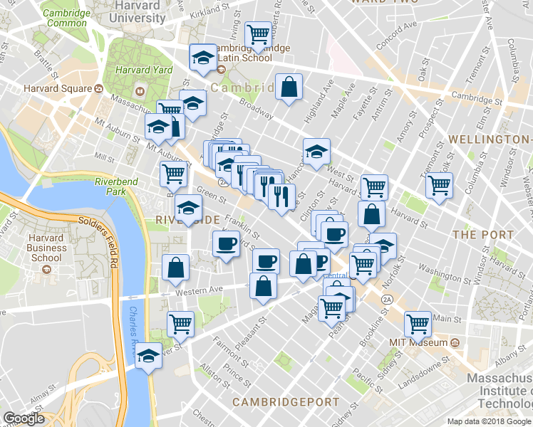 map of restaurants, bars, coffee shops, grocery stores, and more near 512 Green Street in Cambridge