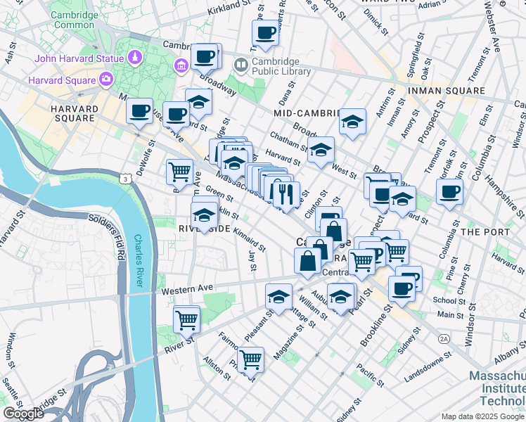 map of restaurants, bars, coffee shops, grocery stores, and more near 512 Green Street in Cambridge