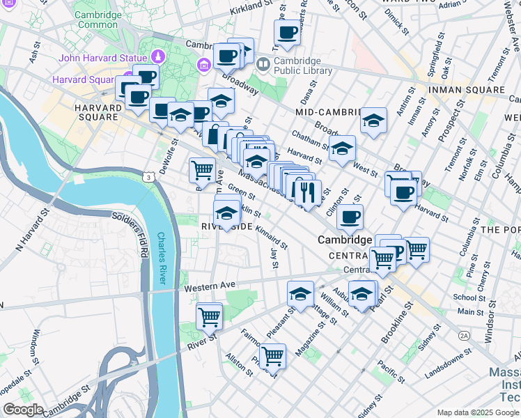 map of restaurants, bars, coffee shops, grocery stores, and more near 488 Franklin Street in Cambridge