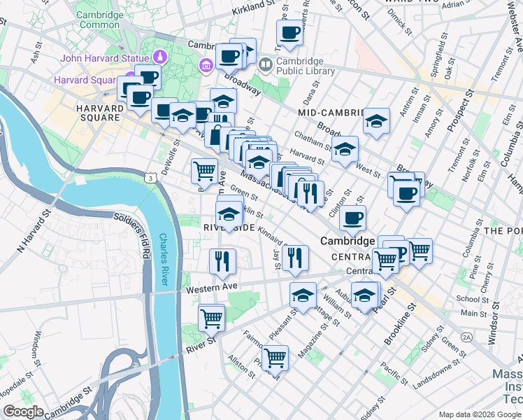 map of restaurants, bars, coffee shops, grocery stores, and more near 488 Franklin Street in Cambridge