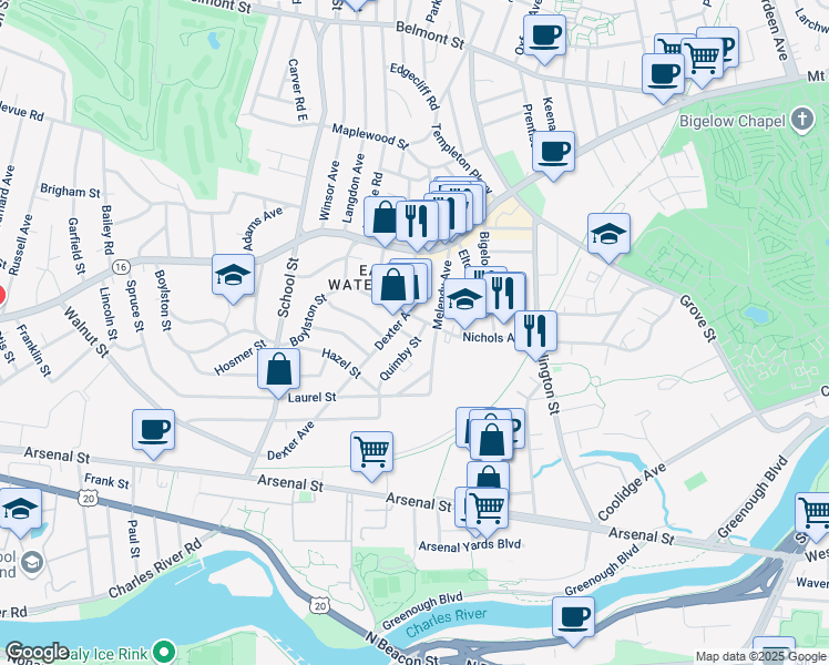 map of restaurants, bars, coffee shops, grocery stores, and more near 87 Melendy Avenue in Watertown