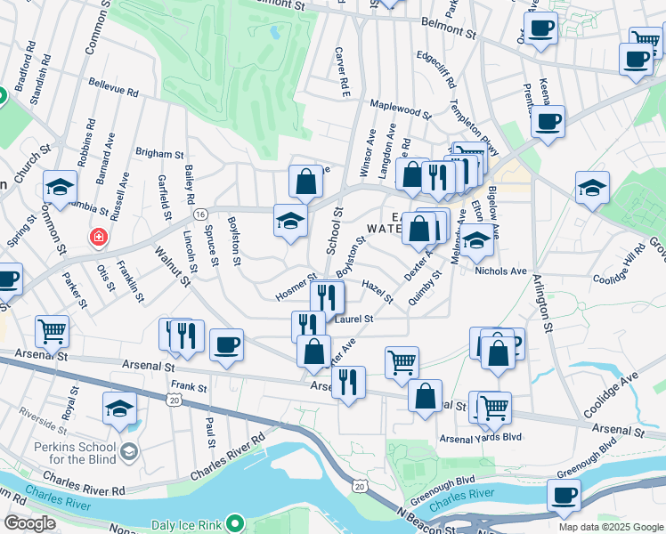map of restaurants, bars, coffee shops, grocery stores, and more near 153 Boylston Street in Watertown