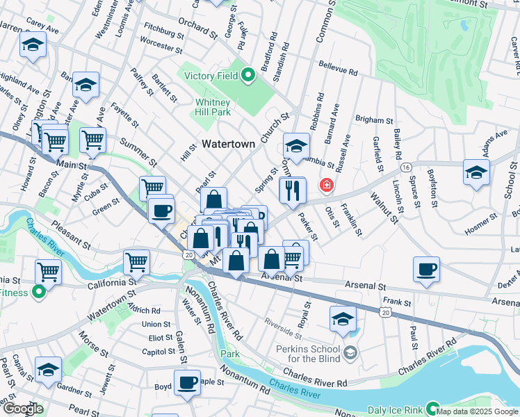 map of restaurants, bars, coffee shops, grocery stores, and more near 92 Mount Auburn Street in Watertown