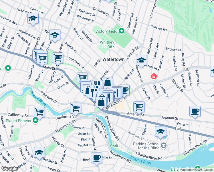 map of restaurants, bars, coffee shops, grocery stores, and more near 48 Summer Street in Watertown