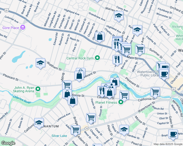 map of restaurants, bars, coffee shops, grocery stores, and more near 300 Pleasant Street in Watertown