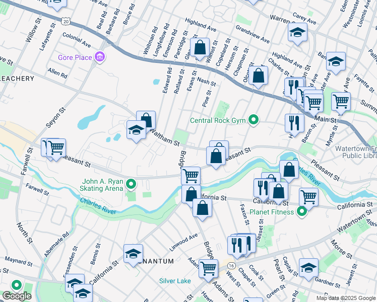 map of restaurants, bars, coffee shops, grocery stores, and more near 13 Swetts Court in Watertown