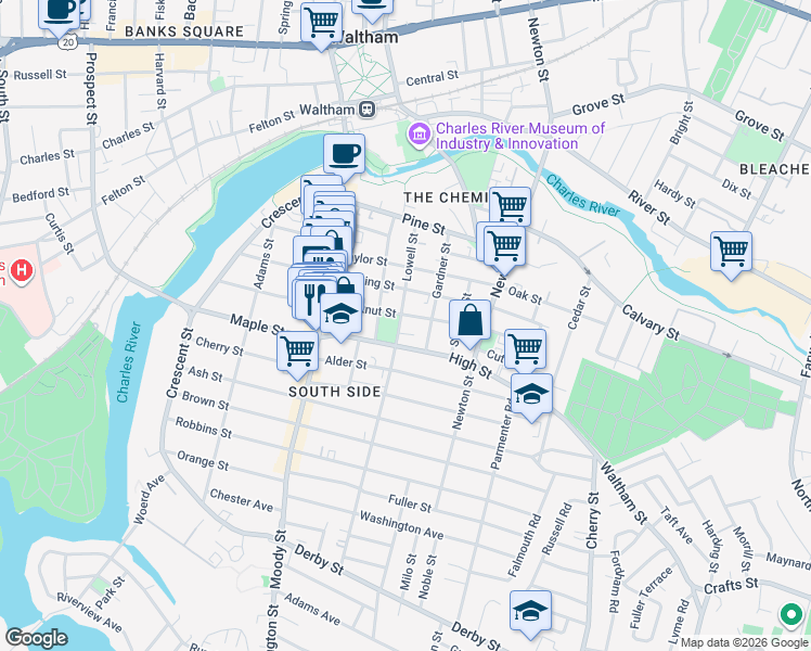 map of restaurants, bars, coffee shops, grocery stores, and more near 80 High Street in Waltham