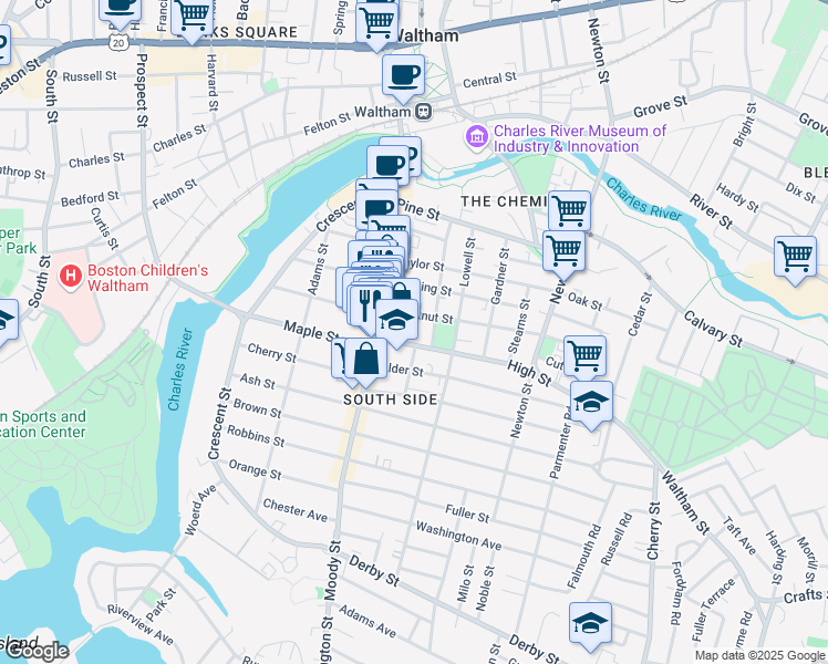 map of restaurants, bars, coffee shops, grocery stores, and more near 7 High Street in Waltham