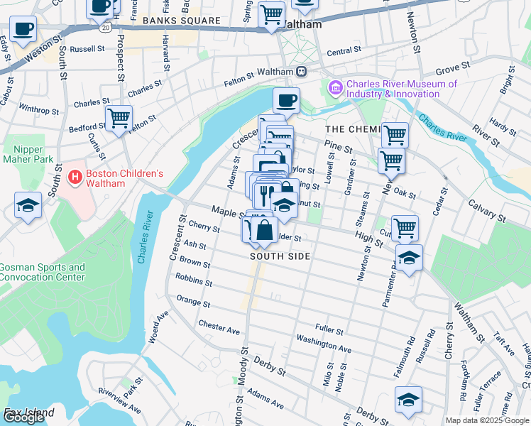 map of restaurants, bars, coffee shops, grocery stores, and more near 468 Moody Street in Waltham