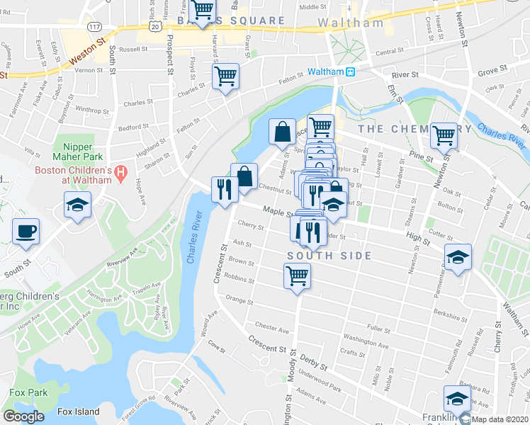 map of restaurants, bars, coffee shops, grocery stores, and more near 107 Adams Street in Waltham