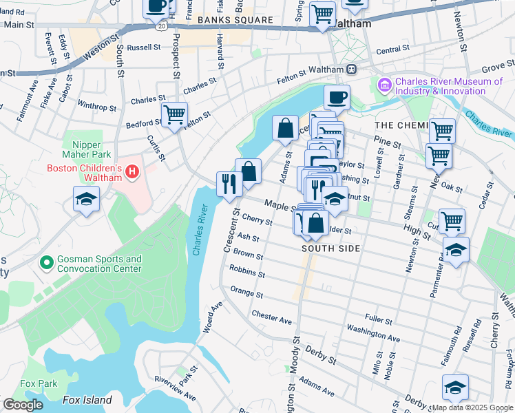 map of restaurants, bars, coffee shops, grocery stores, and more near 107 Adams Street in Waltham