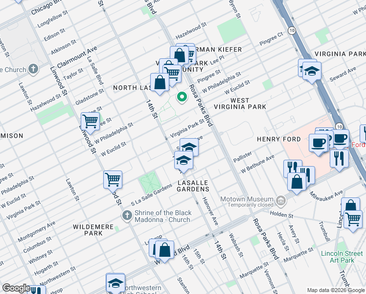 map of restaurants, bars, coffee shops, grocery stores, and more near 2052 Delaware Street in Detroit