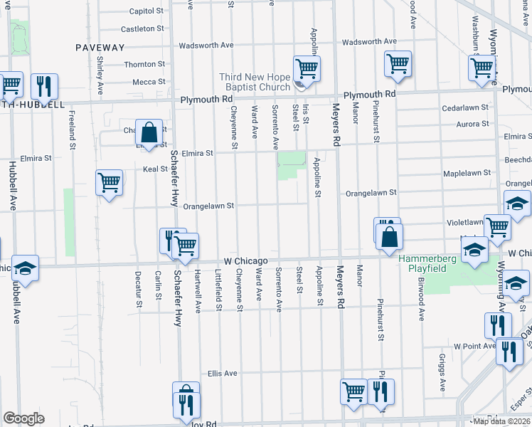 map of restaurants, bars, coffee shops, grocery stores, and more near 9607 Sorrento Avenue in Detroit