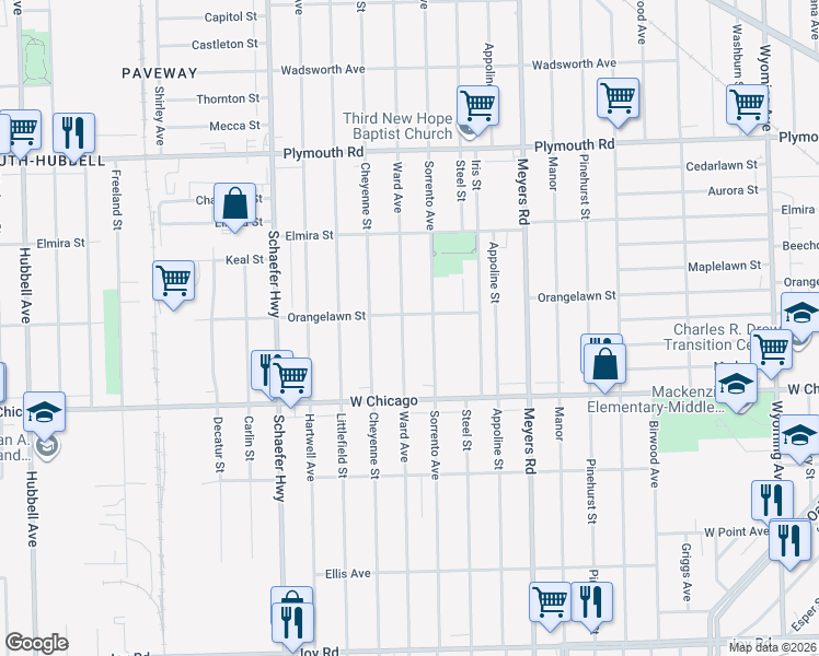 map of restaurants, bars, coffee shops, grocery stores, and more near 9607 Sorrento Avenue in Detroit